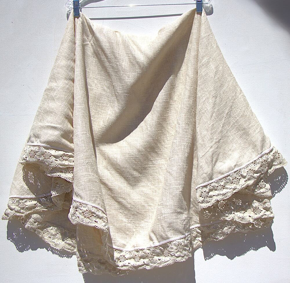 Beige Round Linen Tablecloth w/ Lace Trim 59" Diameter Cottagecore Farmhouse